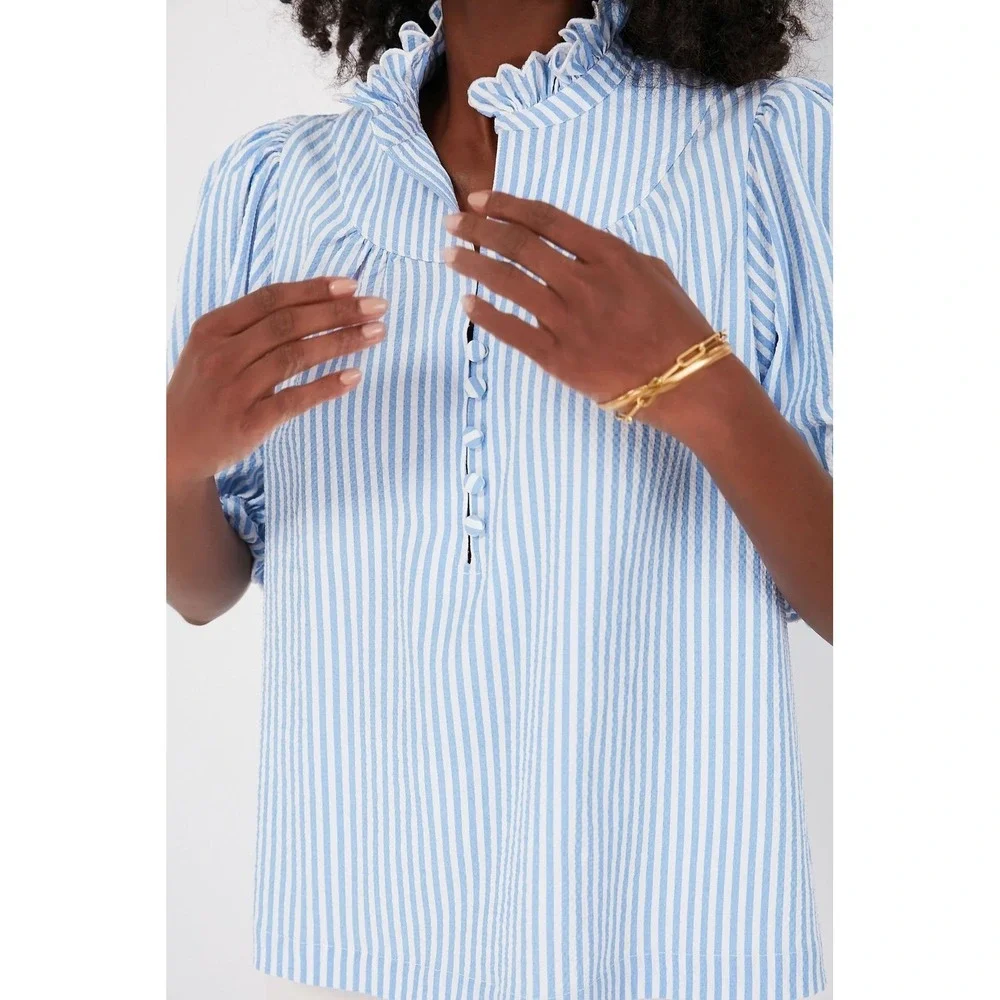 Pomander Place Selena Blouse Blue White Stripe Seersucker Puff Sleeve Top S NWOT